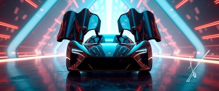 Front view of a futuristic car with open doors in a neon tunnel