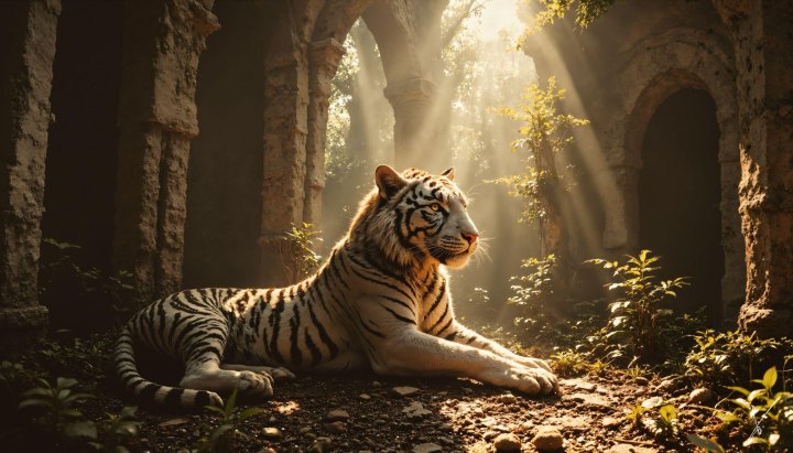 White tiger resting in sunlit ancient stone ruins with lush greenery