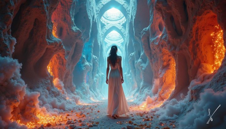 Woman in white dress walking through glowing cave with mist