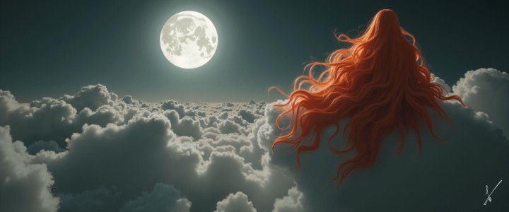 Red hair floating above clouds under a full moon.