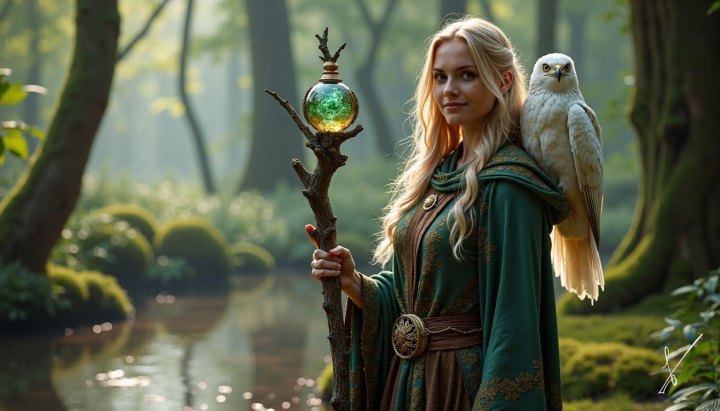 A blonde woman in a green cloak holds a staff with a glowing orb, accompanied by a white hawk in a misty forest.