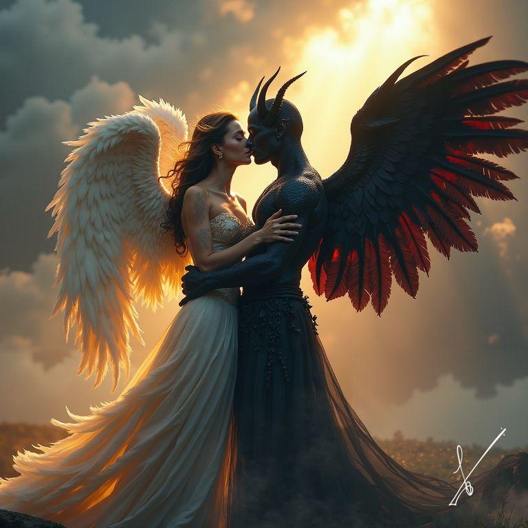 Woman with white angel wings kissing horned demon figure with black wings at sunset