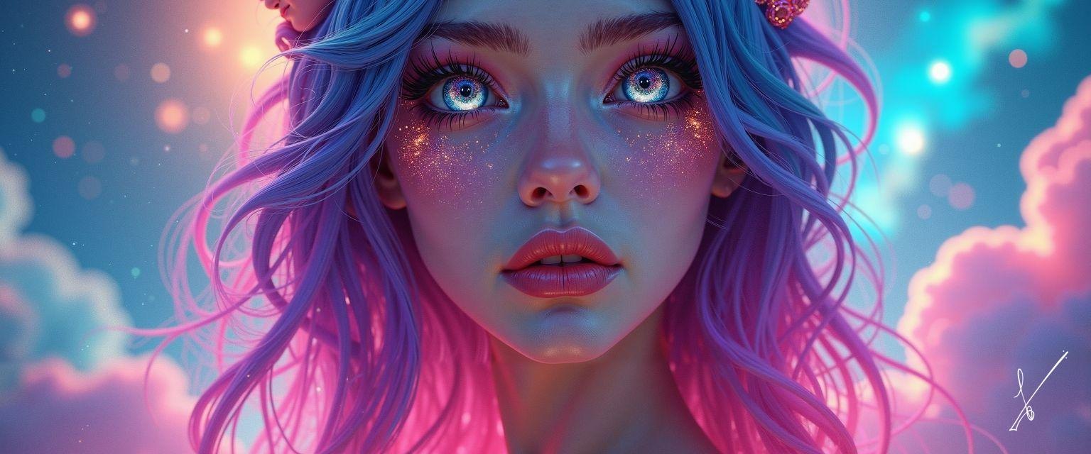 Close-up portrait of a woman with purple hair, glowing blue eyes, and glitter on her cheeks against a cloudy sky.