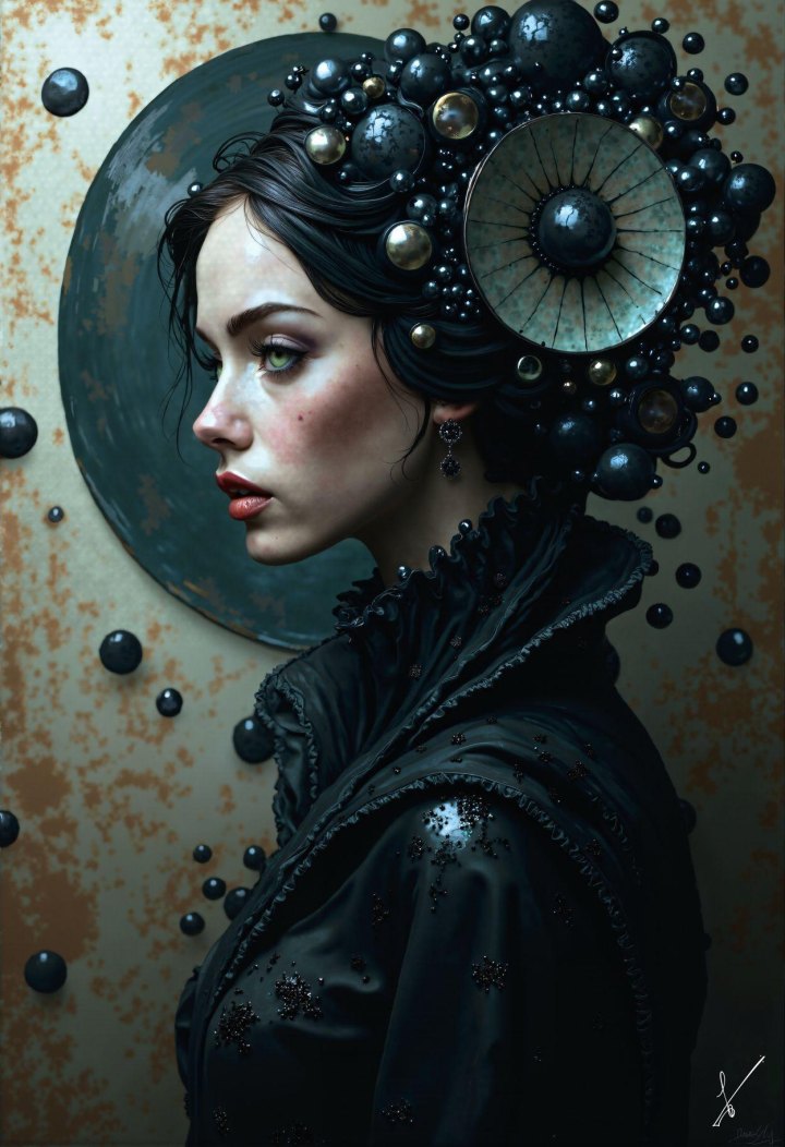 Woman in profile wearing ornate black headdress with metallic spheres and gears, set against a textured rusted wall.