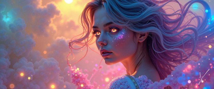 Portrait of a woman with glowing eyes and sparkles in a colorful cloudy sky