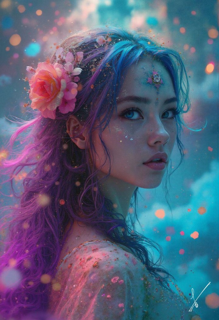 Portrait of a woman with colorful hair and flowers in a magical setting.