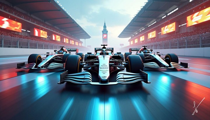 Three F1 cars racing on a wet track with Big Ben in the background.