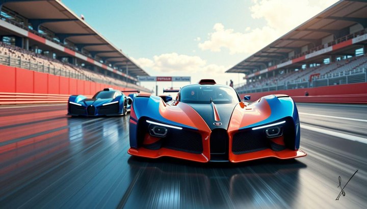 Two futuristic sports cars race on a track in front of stadium stands.
