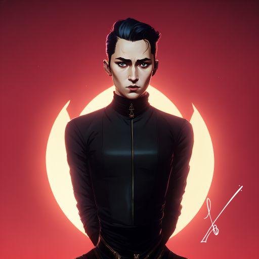 Portrait of a person in black against a red background with a glowing crescent moon.