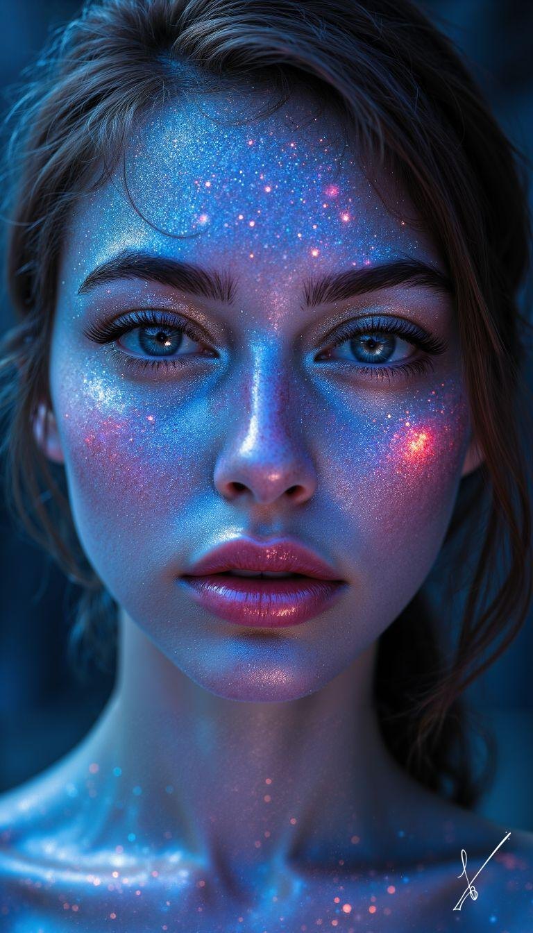 Close-up portrait of a woman with glowing blue and pink starry effects on her skin.