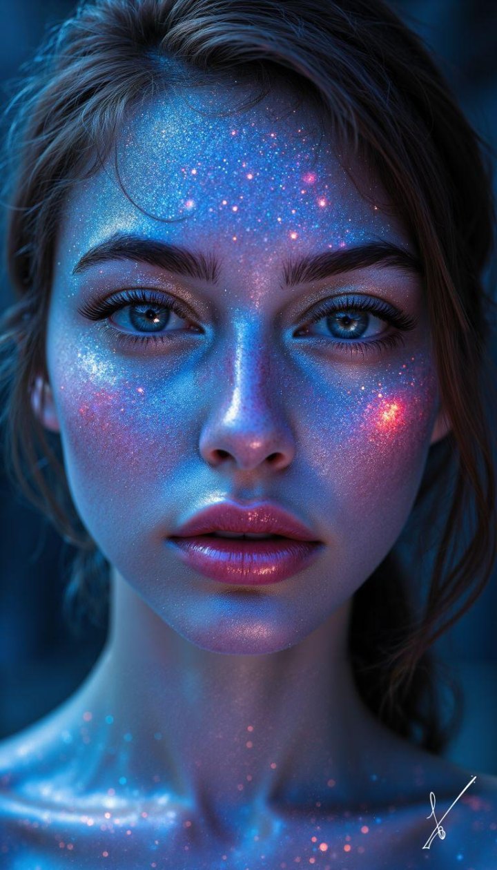 Close-up portrait of a woman with glowing blue and pink starry effects on her skin.