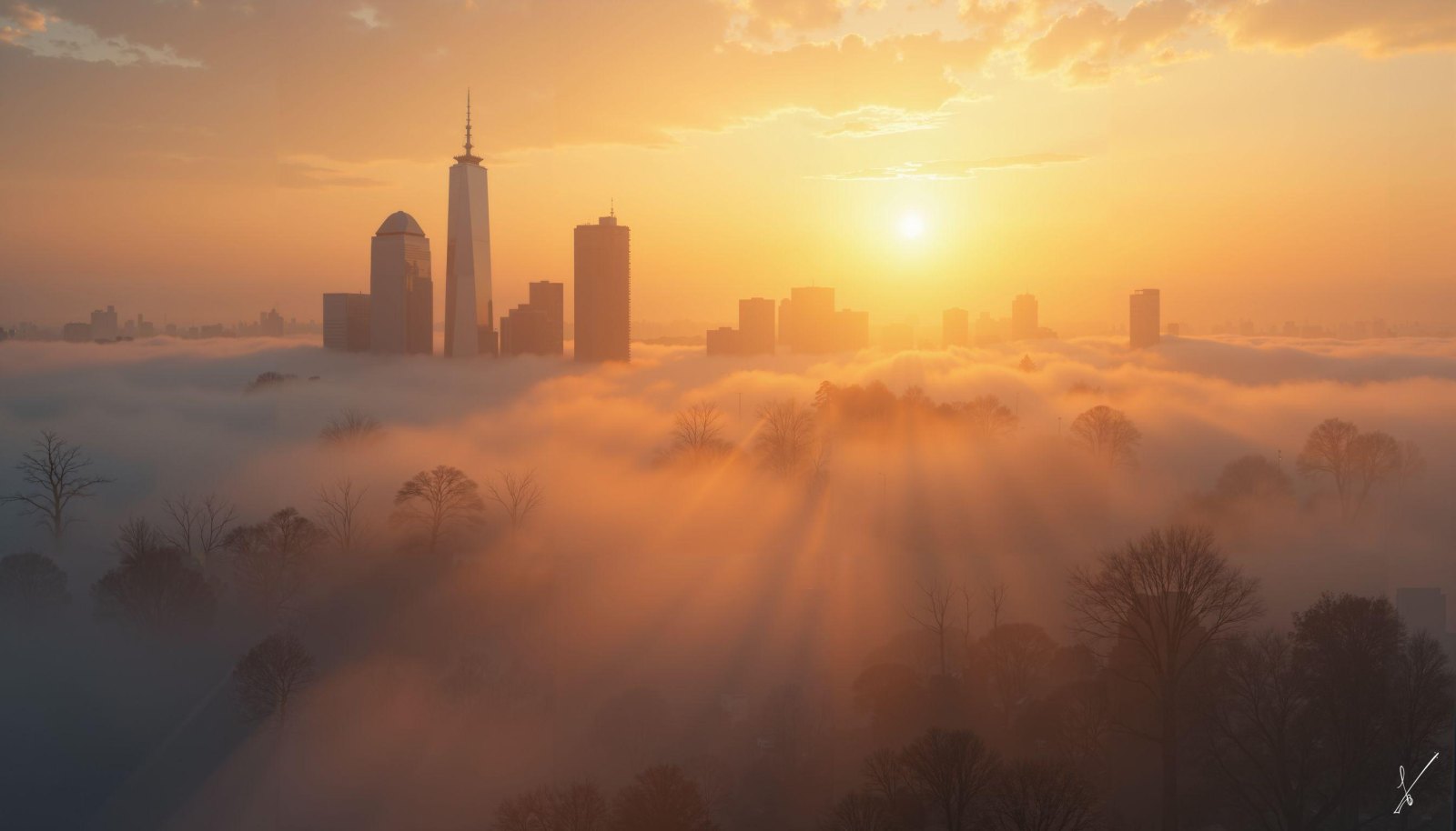 Sunrise over a foggy city with skyscrapers and sunbeams through trees.