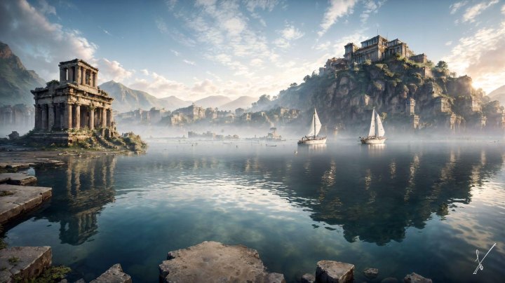 Ancient Greek-style temple ruins on a lake with sailboats and a cliffside city in the background.