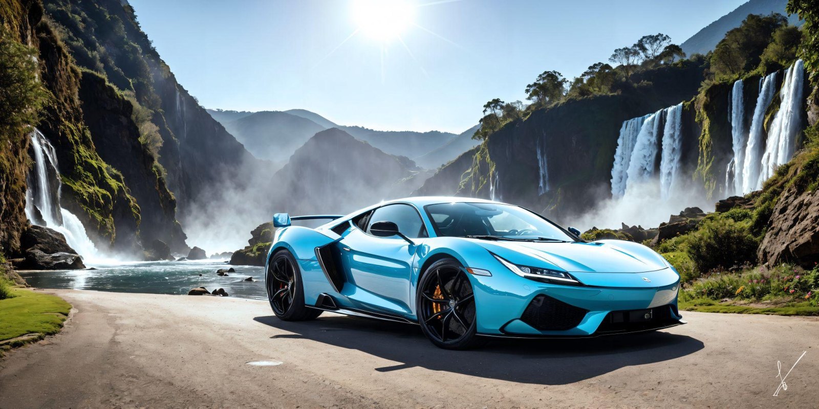 Turquoise sports car parked on road near waterfalls and mountains