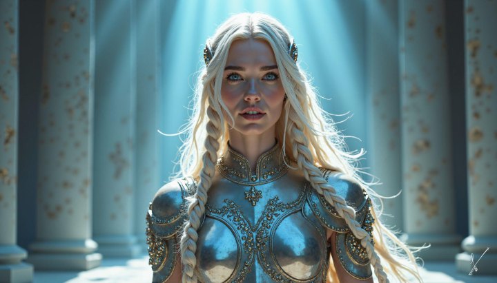 Portrait of a blonde woman in ornate silver armor standing between stone columns.