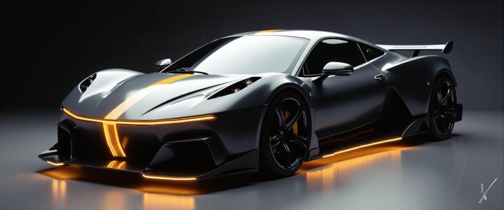 Matte black sports car with glowing orange lights on a dark studio floor