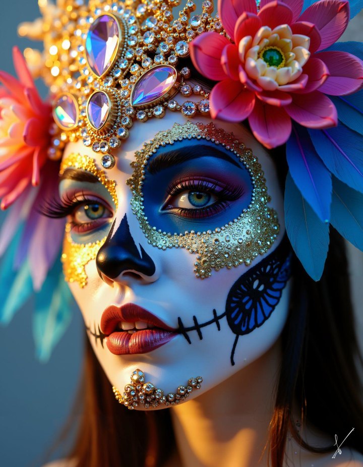 Woman in sugar skull makeup with flowers and jewels