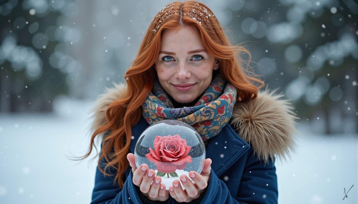 Red-haired woman holding a snow globe with a rose in a snowy forest setting.