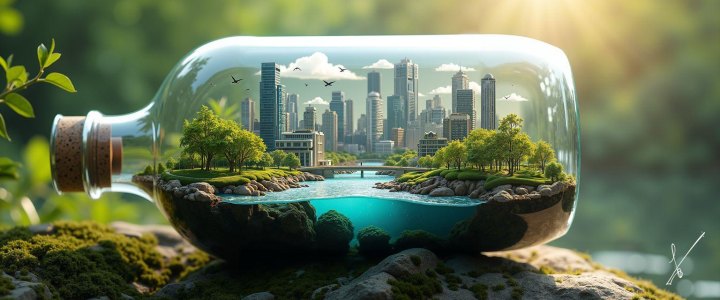Miniature city inside a glass bottle on mossy rocks with sunlight