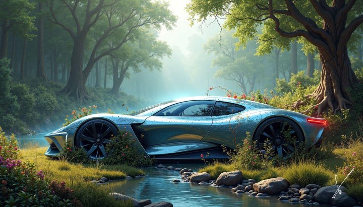 Silver futuristic car parked by a stream in a sunlit forest with flowers and trees.