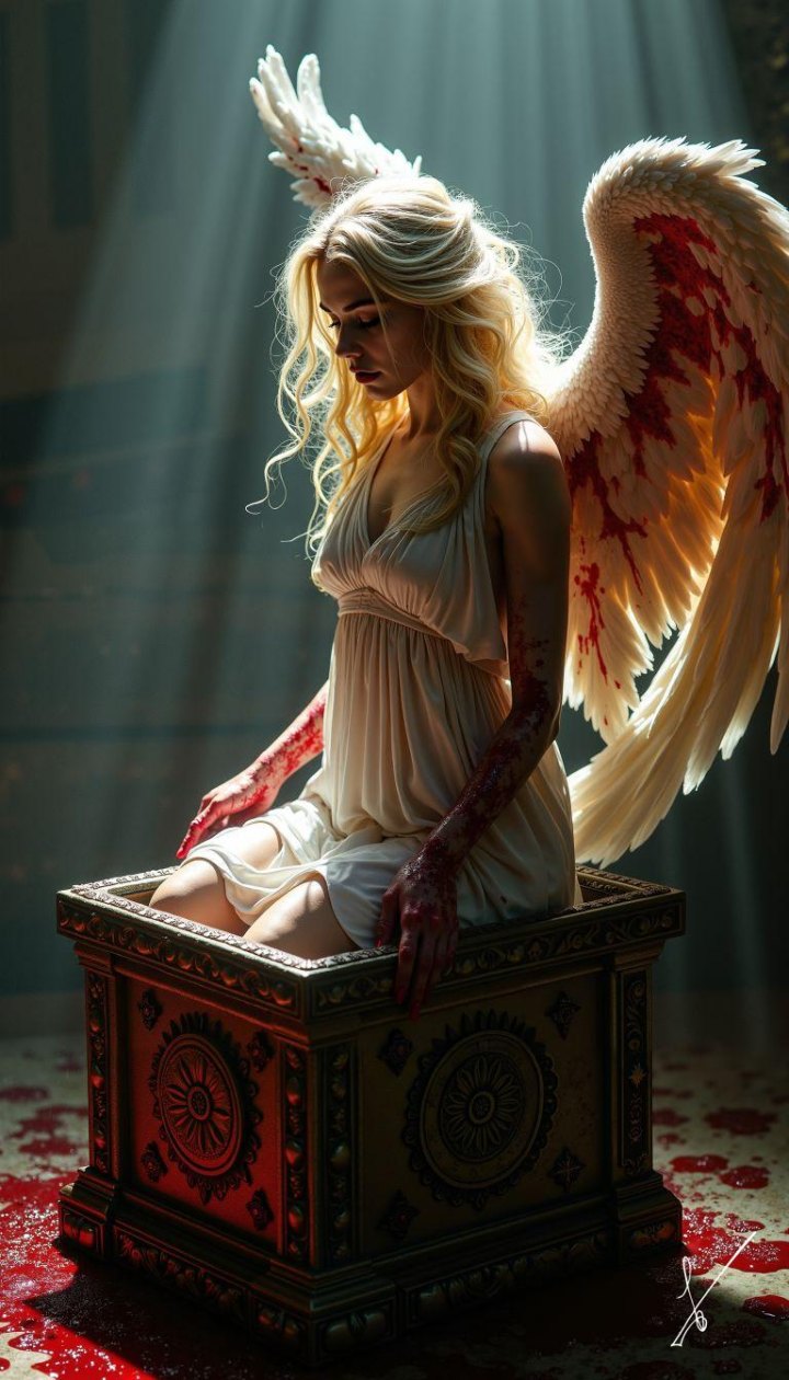Blonde angel woman with blood-stained wings sitting in an ornate coffin.