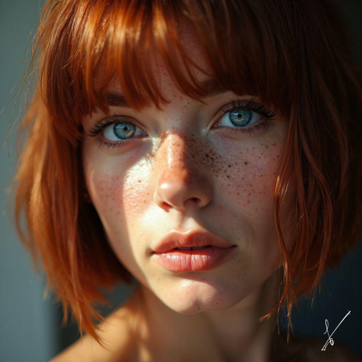 Close-up portrait of a redhead woman with freckles and blue eyes in sunlight.