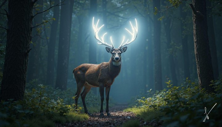 A deer with glowing antlers stands on a forest path surrounded by tall trees and mist.