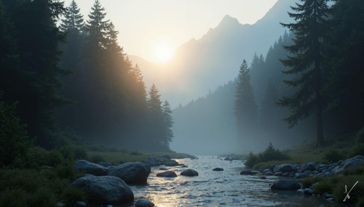 River flowing through misty forest valley with sun rising over mountains