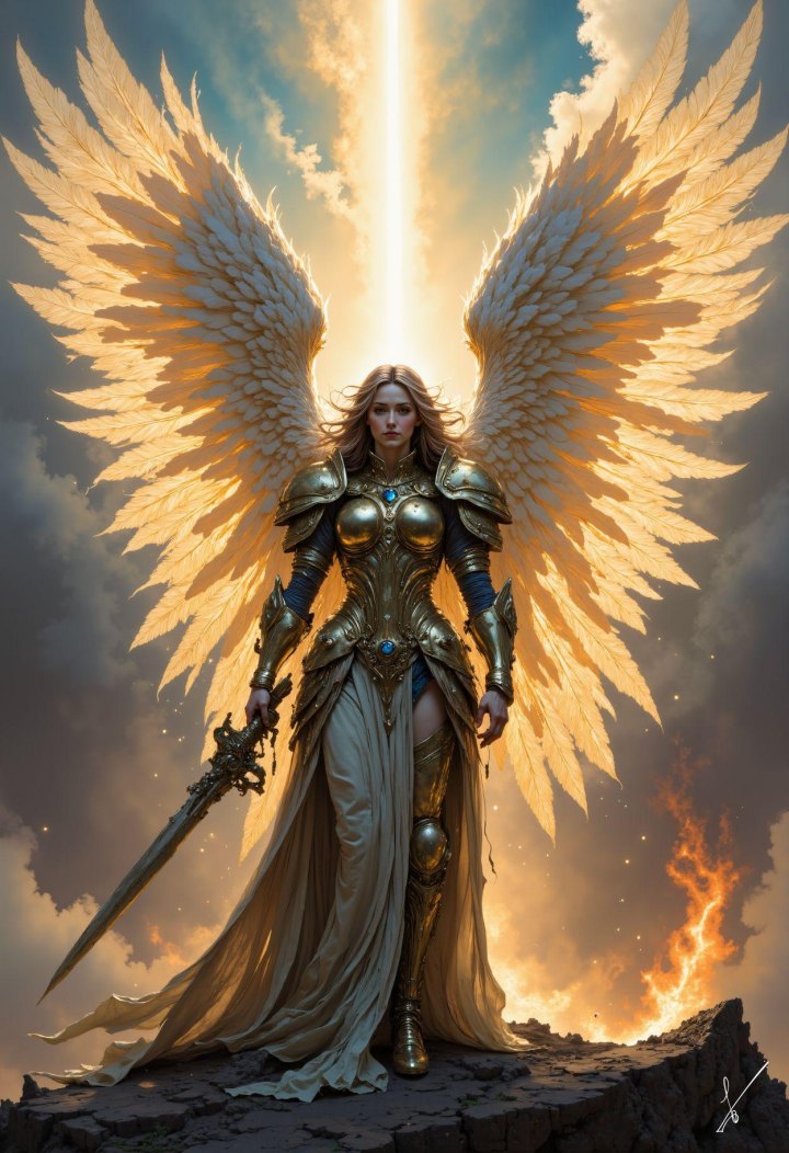Female angel warrior in golden armor holding a sword on a cliff with large wings and divine light.