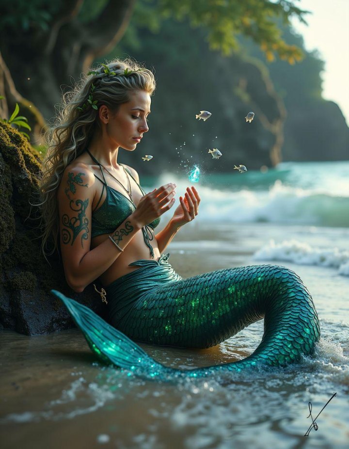 Mermaid woman with glowing particles and fish near ocean shore