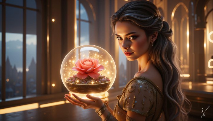 Woman holding a glowing glass orb with a pink rose inside, standing in a room with a window view of a city.