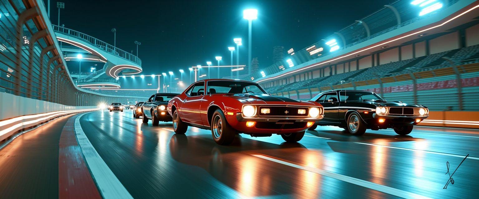 Red and black classic cars race on a wet track inside a lit stadium at night.