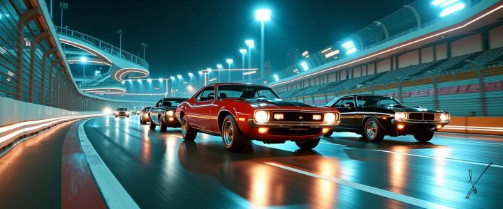 Red and black classic cars race on a wet track inside a lit stadium at night.