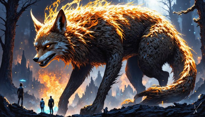A giant fiery wolf stands in a dark forest while three tiny people look on.