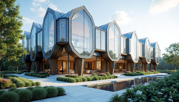Modern house with glass pods on stilts, surrounded by gardens and a reflecting pool.
