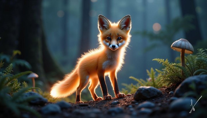 A small fox stands on a forest path surrounded by ferns and mushrooms with a blurred background.