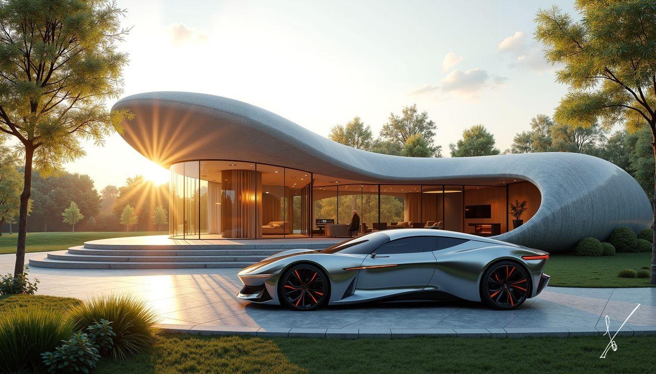 A silver sports car parked before a modern house with curved architecture at sunset.