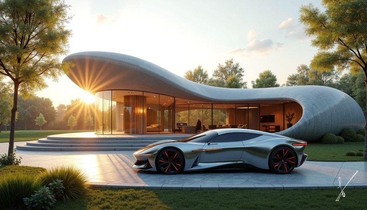 A silver sports car parked before a modern house with curved architecture at sunset.
