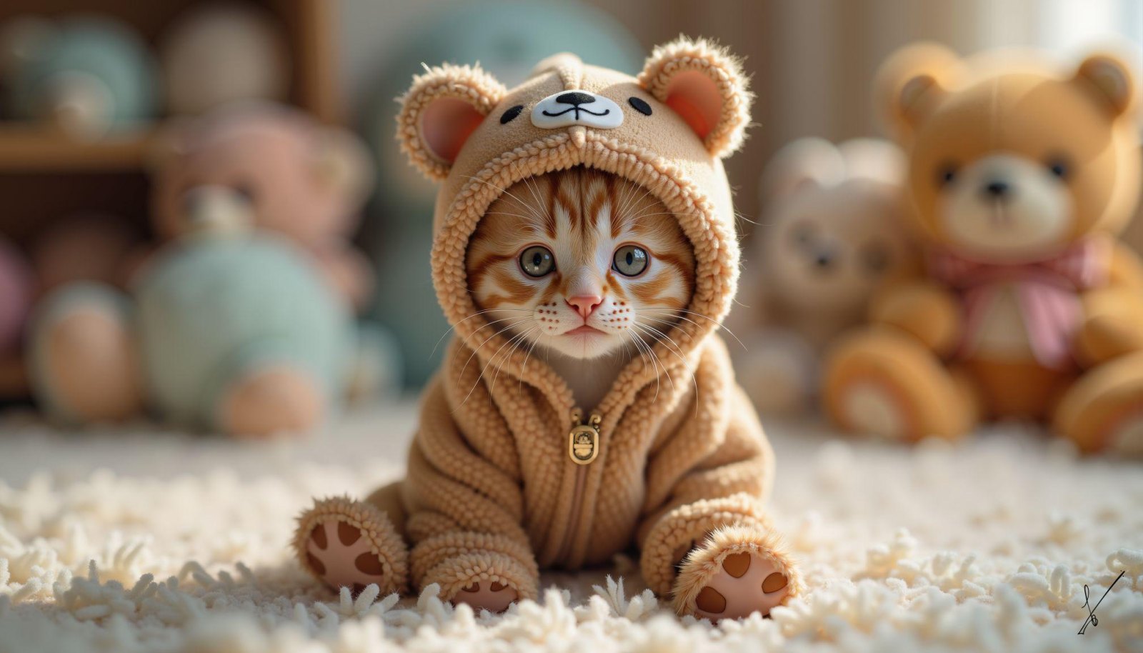 Ginger kitten in a teddy bear costume sitting on a rug with toys in the background.