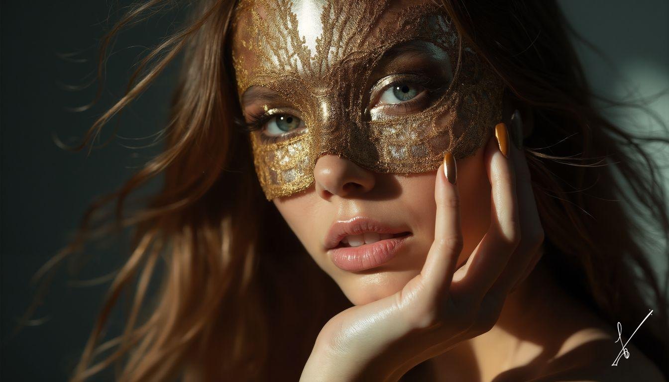 Woman wearing a gold lace eye mask, hand on cheek, soft light