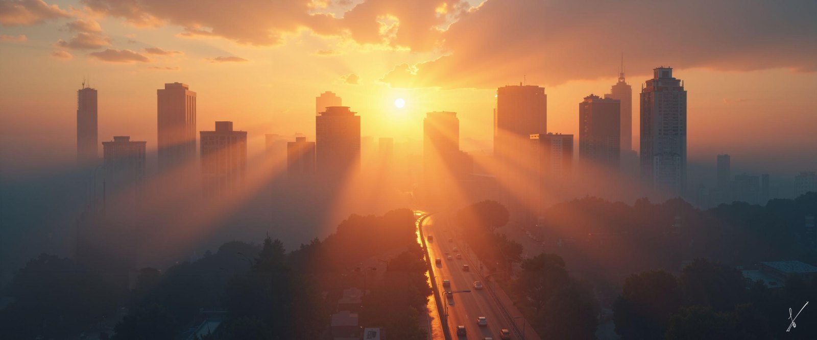 Sunrise over a foggy city with skyscrapers and a busy highway below.