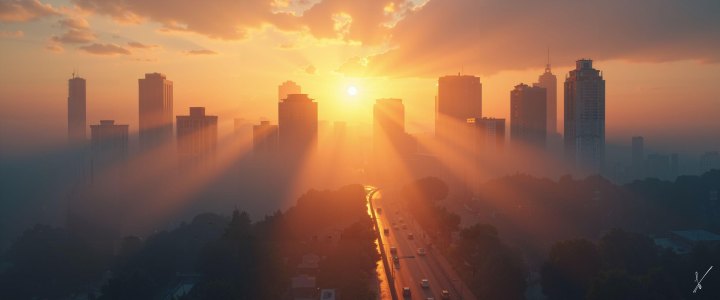 Sunrise over a foggy city with skyscrapers and a busy highway below.