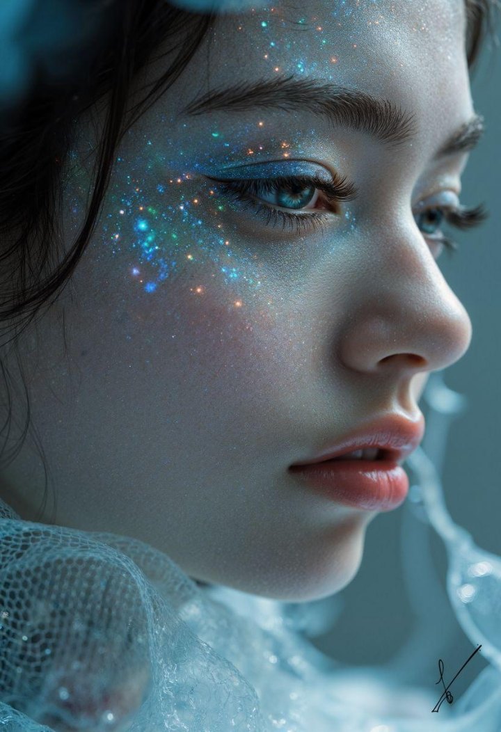 Woman's face with galaxy makeup and lace clothing in profile view.