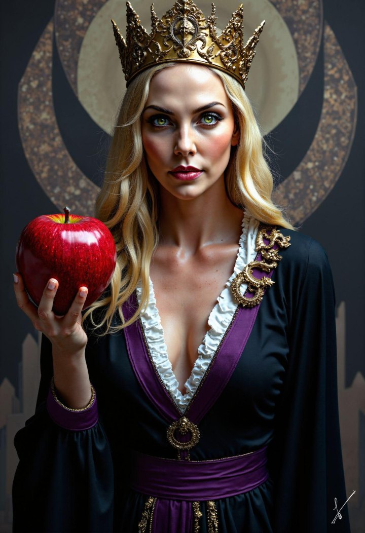 Regal blonde woman in crown holding red apple against geometric background