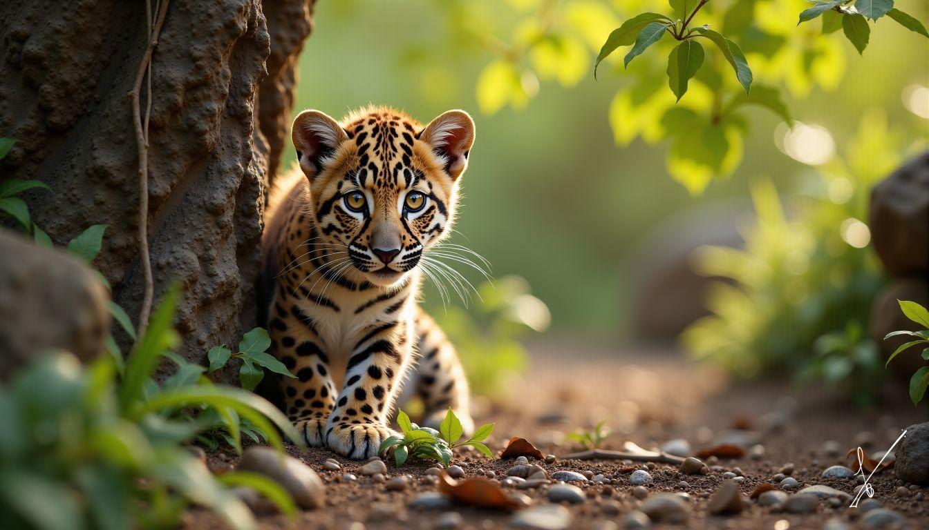 Leopard cub sitting near a tree in a forest with sunlight filtering through leaves.