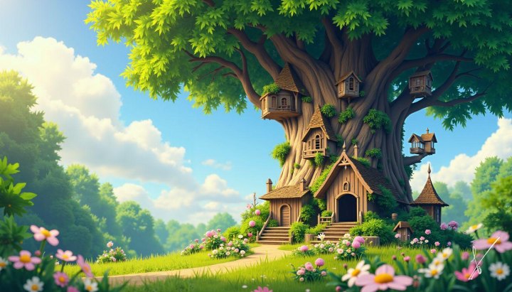 Treehouse on large tree with flowers and blue sky