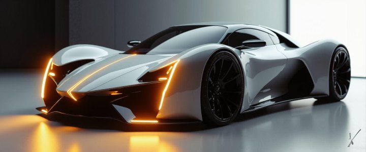White futuristic sports car with glowing orange lights on a reflective floor.
