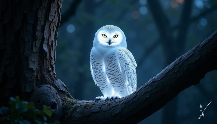 A white snowy owl with yellow eyes sits on a tree branch in a blue-tinted forest.