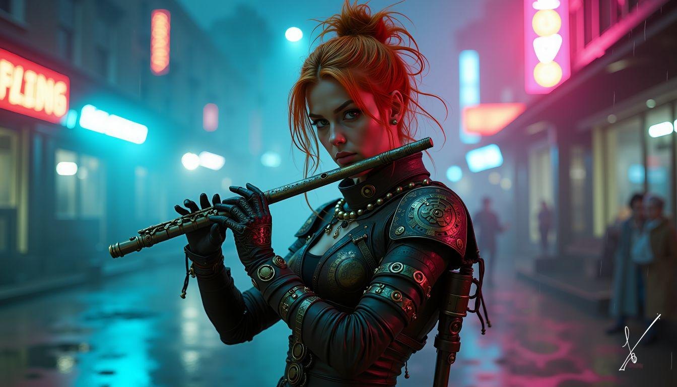 Red-haired woman in armor playing flute on neon-lit rainy street