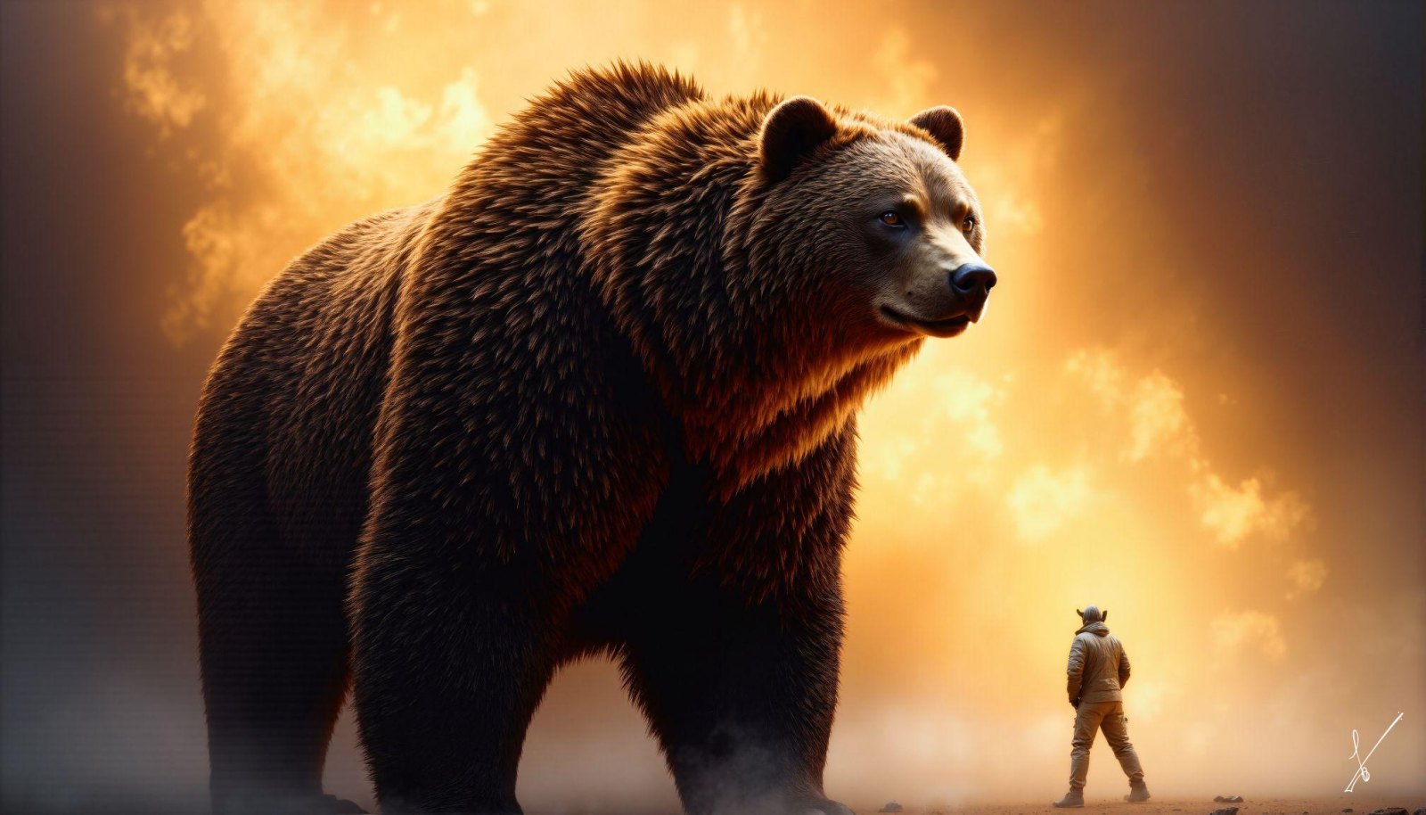 A giant brown bear stands next to a lone person against a glowing, cloudy sky.